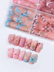 96pcs (4 Styles) Short Square Nail 3D Gel Nail Stickers, Polka Dot & Leopard Print Design Short French Press-On Nails, Includes 1 Gel Glue And 1 Nail File - Multicolor - View 4