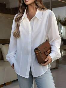 女士白色长袖衬衫，复古休闲百搭上衣，设计细节丰富，前襟纽扣，荷叶边下摆，开衩，2025新款韩版春季款 - 白色 - 查看 1