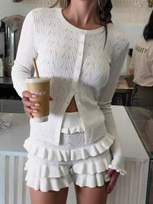 Áo len cardigan dáng ôm cổ tròn họa tiết lá sen tinh tế Y2K kiểu mới cho nữ, quần short cạp cao họa tiết lá sen nhiều lớp dễ thương, áo len dệt kim nhiều cảnh mặc hàng ngày thường ngày khi trở lại trường, trang phục thu đông - trắng - Xem 3