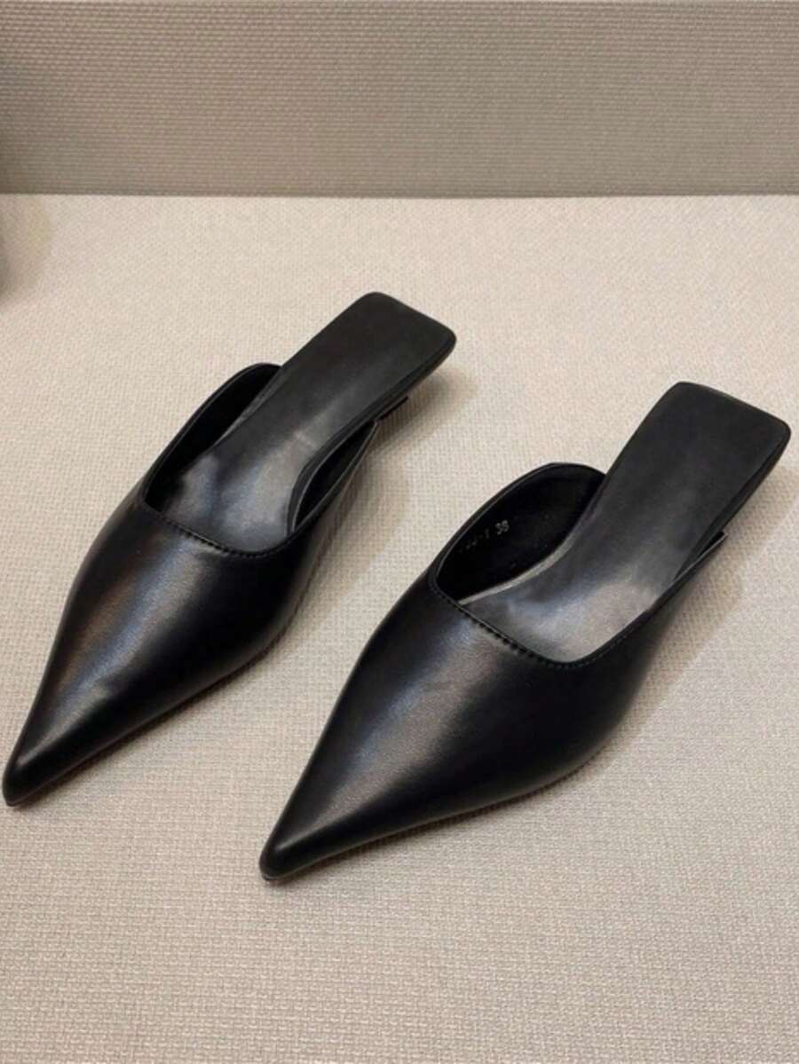 2025 Summer Pointed Toe Mule Slippers For Women, Low Heel Backless Sandals, Fashion Thin Heel Slip-On Shoes,Kitten Heels - Black - View 1
