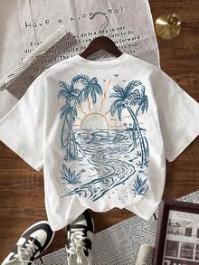Women's Casual T-Shirt With Coconut And Floral Shell Print, Crew Neck And Short Sleeves, Suitable For Summer Holidays And Everyday Wear For Commuting. - Black - View 6