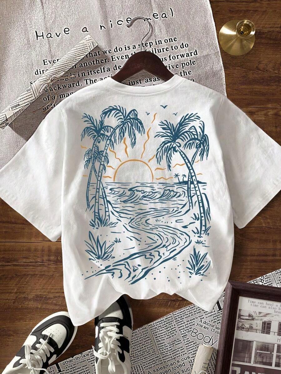 3 Camisetas de manga corta con cuello redondo y estampado de palmeras para mujer|Moda Urbana Local de Primavera/Verano||Uso Casual Diario Primavera Verano Moderno Moldeador|Conjunto de verano para mujer, ropa de vacaciones|Blusas elegantes para mujer, ropa de primavera, blusas de verano. - Negro - Ver 1