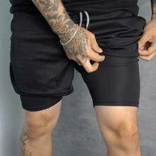 Men's 2-In-1 Dry Fit Compression Shorts For Gym, Training, And Running - 黑色 - 查看 4