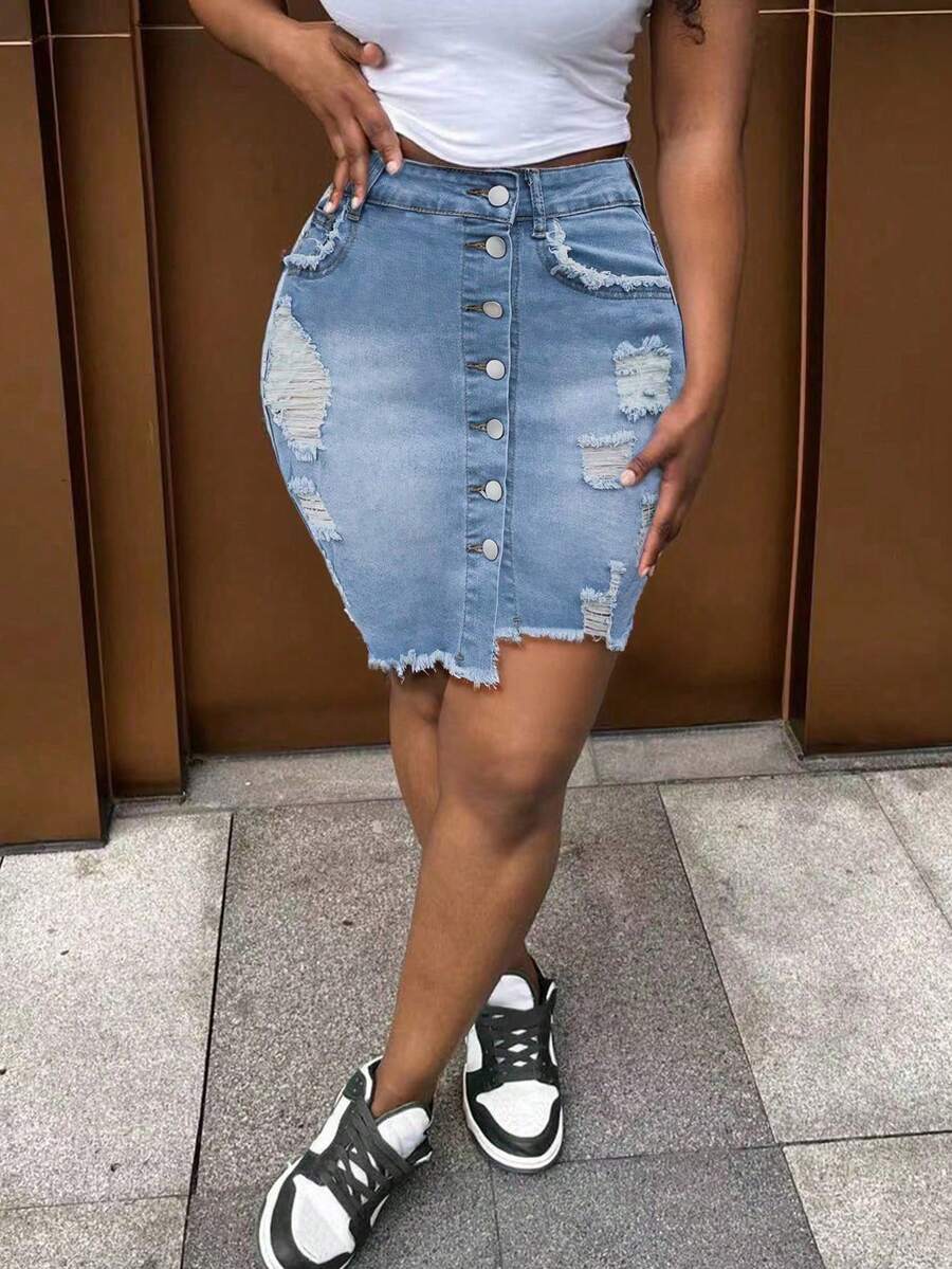 性感彈性破洞鉛筆牛仔裙 女款休閒鈕扣毛邊口袋度假牛仔裙 夏季牛仔女郎風 - 淺色水洗藍 - 查看 1
