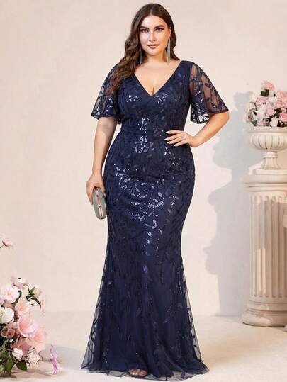 EVERPRETTY 大码女式V领亮片刺绣网纱美人鱼连衣裙，正式晚礼服，适合情人节约会、舞会、婚礼宾客，藏蓝色，春季派对优雅之选