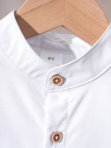 Boys' White Short Sleeve Stand Collar Button-Up Shirt, Contrast Button Detail Casual Top, Suitable For Back To School, Parties And Formal Occasions - White - View 4