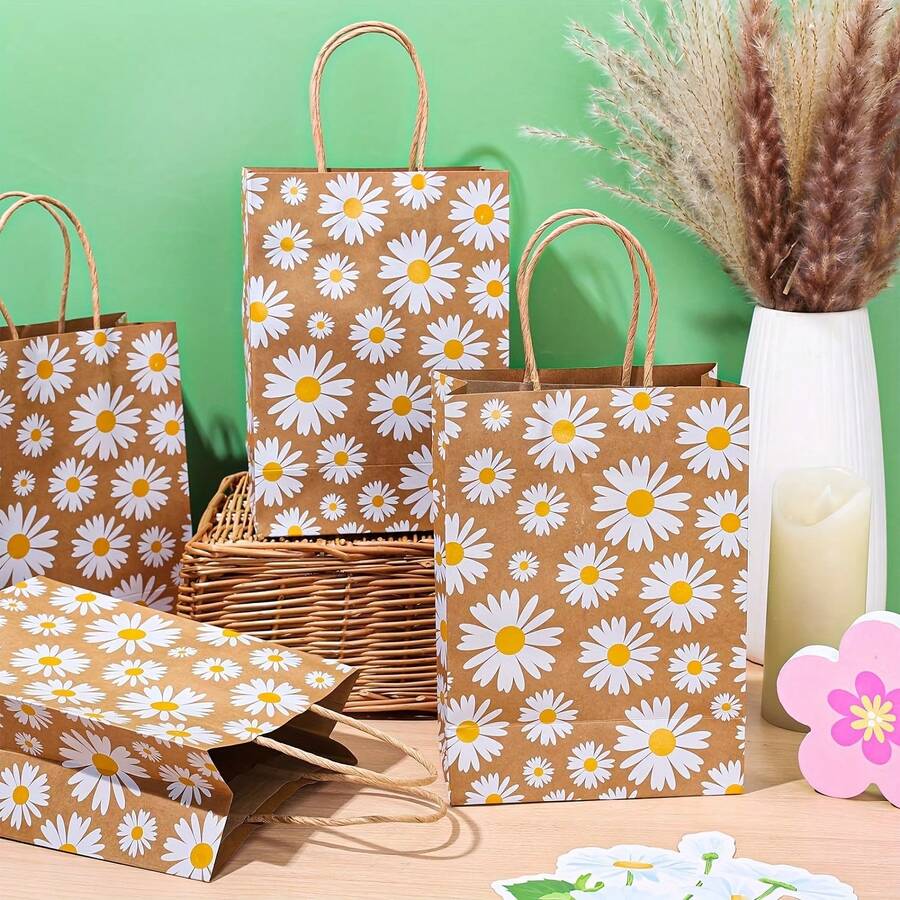 Gift For Her/Him 12pcs Daisy Flower Kraft Paper Gift Bags With Handles - Brown Floral Design For Spring Parties, Weddings, Birthdays & Shopping Events - View 1