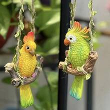 1pc Lifelike Green And Yellow Parrot Swing Decor - Resin Hanging Ornament, Suitable For Garden, Balcony And Outdoor Spaces, Battery-Free, Bird Decoration - A - View 1