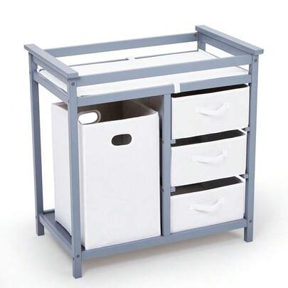 Beaully Wooden Baby Diaper Changing Table With 3 Storage Drawers And Pad, Baby Changing Table, Infant Diaper Changing Station Dresser With Laundry Hamper