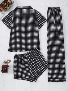 Bộ đồ ngủ cardigan kẻ caro nhăn 3 món dành cho nữ, thêu hình gấu. - Màu xám đen - Xem 2