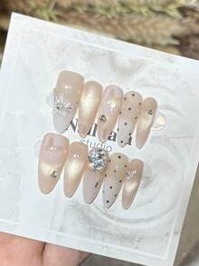 10pcs Handmade Nails Oval Almond Nails Acrylic Press On Nails Long, Gentle Nude Pink Nails Gradient, Gold Flashy Cateye, Handpainted Polka Dots Butterfly 3D Flower, Nail Gems Large Stone Diamond Pearl Inlaid, Edgy Elegant Simple Spring Nails, Summer Press On Nails, Party Daily & Dating Use Beach Tropical Getaway Suitable,DIY False Nail Art Suitable For Women & Girls As Gift Nail Supplies - Pink - View 2