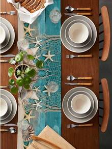 Summer Beach Starfish Shell Teal Wooden Board Texture Table Runner Party Decor Washable Farmhouse Kitchen Dining Table Runner Wedding Decorations - Multicolor - View 4