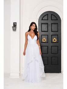 Greek Goddess Gala Dress In Tulle Without Glitter, With Capes And Invisible Zipper - White - View 1
