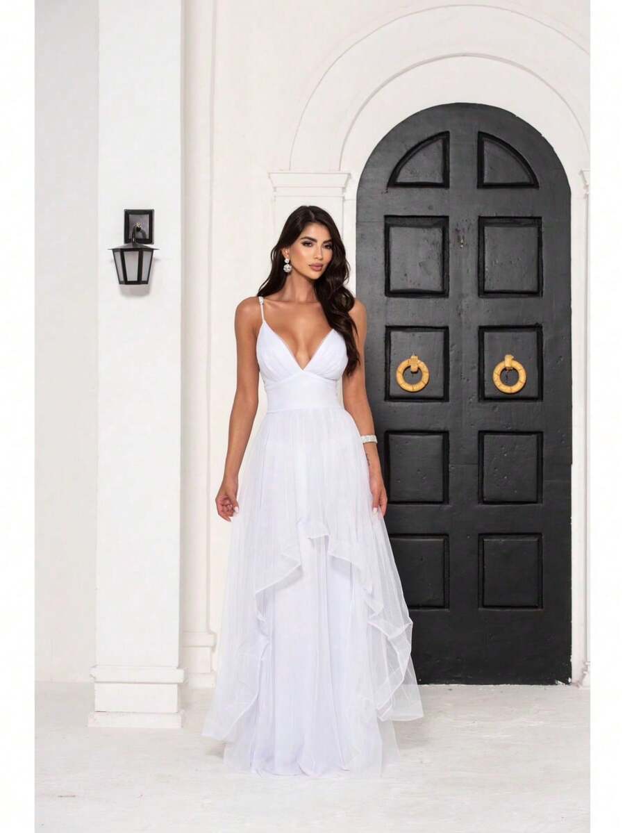 Greek Goddess Gala Dress In Tulle Without Glitter, With Capes And Invisible Zipper - White - View 1
