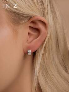 IN Z 1 pieza Pendientes de aro abierto elegantes de plata de ley 925, incrustados con circonita cúbica brillante, diseño minimalista de cinco líneas, adecuados para niñas y mujeres para uso diario y fiestas - Multicolor - Ver 6