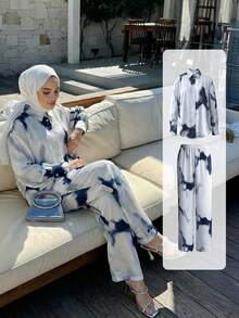 Bộ đồ 2 món bằng vải satin in họa tiết - Áo dài tay và quần ống rộng, trang phục thường ngày mùa xuân/hè dành cho nữ. - Nhiều màu 6 - Xem 2