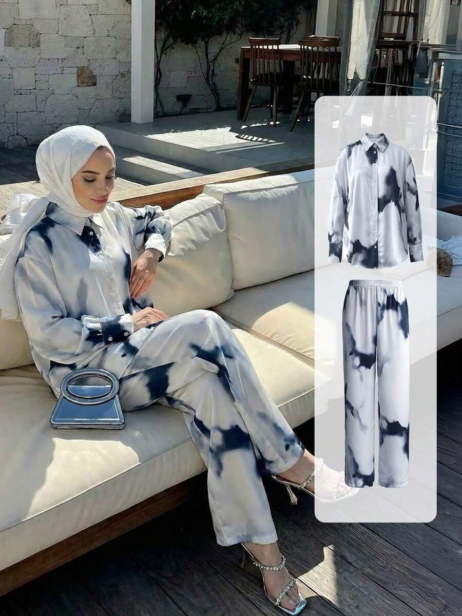 Bộ đồ 2 món bằng vải satin in họa tiết - Áo dài tay và quần ống rộng, trang phục thường ngày mùa xuân/hè dành cho nữ.