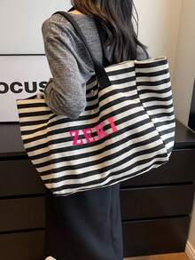 1pc Customized Striped Canvas Tote Bag, Printable With Your Name, Large Capacity Commuter Handbag, College Style Fits A4 Textbooks, Thick Canvas Anti-Wrinkle, Suitable For Office Ladies, Mothers, Beach Trips, Christmas Gift - Multicolor - View 2