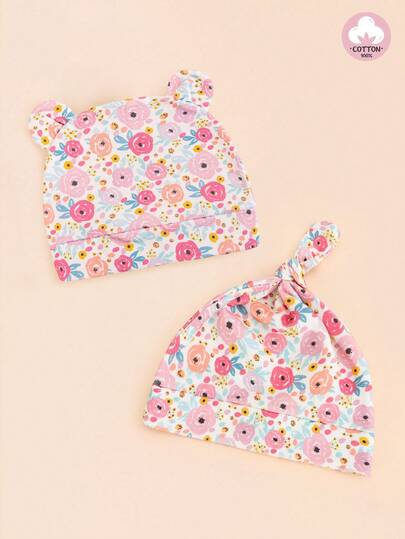 2件套新生儿玫瑰印花双耳帽+扭结帽套装，舒适保暖纯棉婴儿医院帽，适合作为礼物