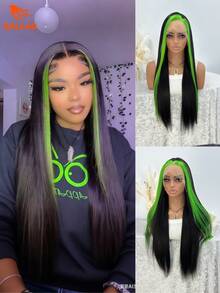绿色挑染蕾丝前假发，直发假发 13*4 蕾丝前合成假发，黑绿条纹彩色长卷发假发，蓬松卷发假发，耐热合成纤维假发（女士款） - 挑染綠色 - 查看 1