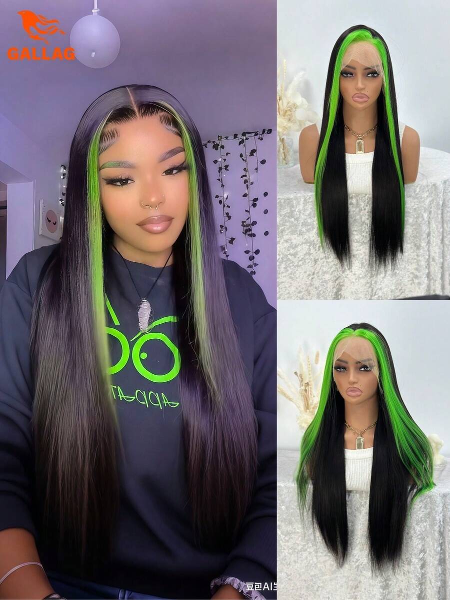 绿色挑染蕾丝前假发，直发假发 13*4 蕾丝前合成假发，黑绿条纹彩色长卷发假发，蓬松卷发假发，耐热合成纤维假发（女士款） - 挑染綠色 - 查看 1