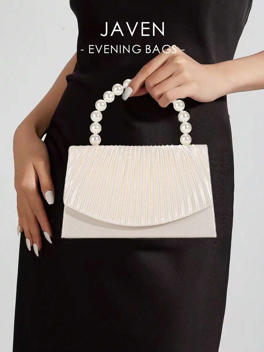 Elegant Lady's Mini Apricot Solid Satin Pleated Pearl Handbag For Party And Wedding - Apricot - View 1