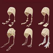 Women's Oversized Handmade Crochet Beanie Hat, Lightweight Breathable Hollow Out Knitted Hat With Tassel, Sweet Slouchy Design Cap For Summer Outdoor Activities - 花朵流蘇-米色(花朵顏色隨機) - 查看 2