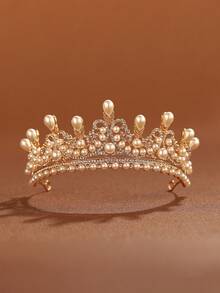 1 pieza Corona de aleación con perla falsa dorada, adecuada para accesorios de boda, cumpleaños, fiesta, verano y playa de mujeres - Dorado - Ver 1