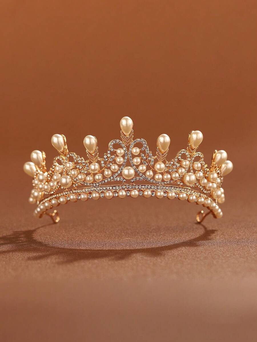 1 pieza Corona de aleación con perla falsa dorada, adecuada para accesorios de boda, cumpleaños, fiesta, verano y playa de mujeres - Dorado - Ver 1
