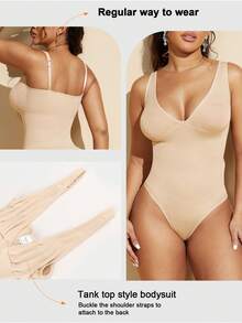 1pc Women's Seamless Removable Strap Camisole, Waist & Abdomen Shaping, Swimsuit Style Shapewear, Can Be Worn With Or Strapless - Apricot - View 7
