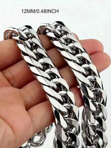 8/10/12/14毫米，1件，男女通用银色不锈钢项链/手链，街头风格珠宝链项链，男士钛钢不锈钢双扣六角抛光龙头扣，镜面抛光手链/项链，粗链。 - 銀色 - 查看 7