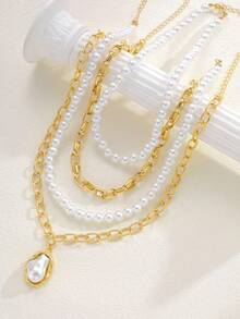 4pcs Elegant Exaggerated Asymmetric Pearl Necklace With Geometric Chain, Suitable For Women's Daily Wear, Vacation, Party, Date, And Photo Shoot - Yellow Gold - View 2