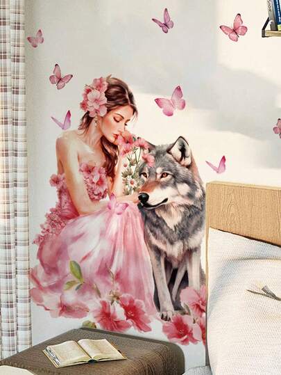 Removable Waterproof PVC Wall Stickers, Self-Adhesive Girl/Flower/Wolf Themed Wall Murals Suitable For Living Room, Bedroom, Kids Room, Kitchen, Home Decor And Room Renovation Art Stickers