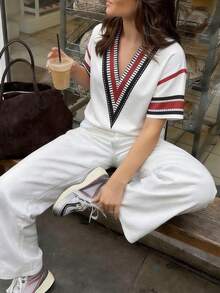 Women's Fashion V-Neck Short Sleeve T-Shirt, Decorated With Striking Red And Black Stripes, Casual Woven Fabric, Suitable For Daily Wear White Summer - White - View 5