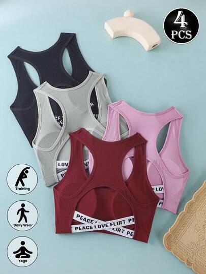 Runway Rest Bộ 4 áo ngực thể thao không đường may với dây đeo chéo, áo ngực thể thao dây đeo phối màu tương phản, áo ngực thể thao không gọng tối giản màu trơn, thoải mái, thiết kế lưng chữ Y cho hoạt động ngoài trời, yoga, áo croptop ngắn thường ngày.