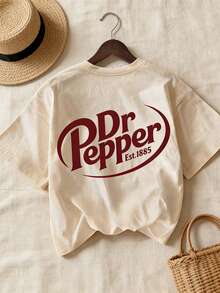 Women Vintage Soda Logo Print Crew Neck T-Shirt, Loose Drop Shoulder Short Sleeve Top, All Season Streetwear Casual Tee For Spring & Summer - 杏色 - 查看 2