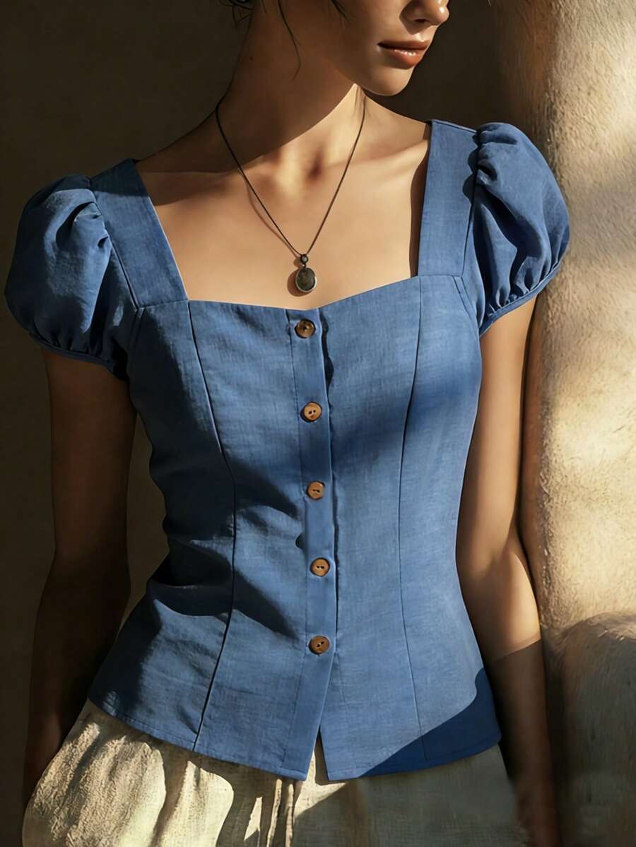 优雅法式纯色方领短袖女式衬衫，春夏修身设计，独特 - 藍色 - 查看 1