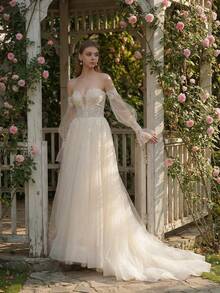 YOUKEFEIER Strapless Sexy Deep V Lace Embroidery With Beaded Long Wedding Dress - White - View 7