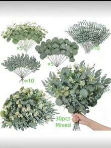 30 Peças Folhas e Galhos Artificiais Mistos de Eucalipto, 4 Estilos de Eucalipto de Moeda de Prata, Plantas Falsas, Adequado para Buquês DIY, Também Pode Ser Usado como Decoração Central para Buquês de Casamento - Multicolorido - Visão 8