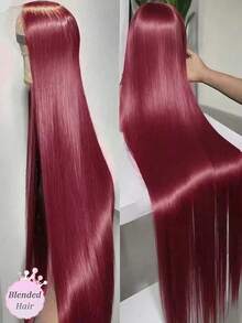 13x4 高清蕾丝前假发，真人前额发丝，200% 密度，直发，预先拔毛发际线，漂白发结，中分，自然外观，易于佩戴，混合发丝，酒红色，99j，适合女性，婚礼派对，日常佩戴，28 英寸 - SBUG - 查看 2