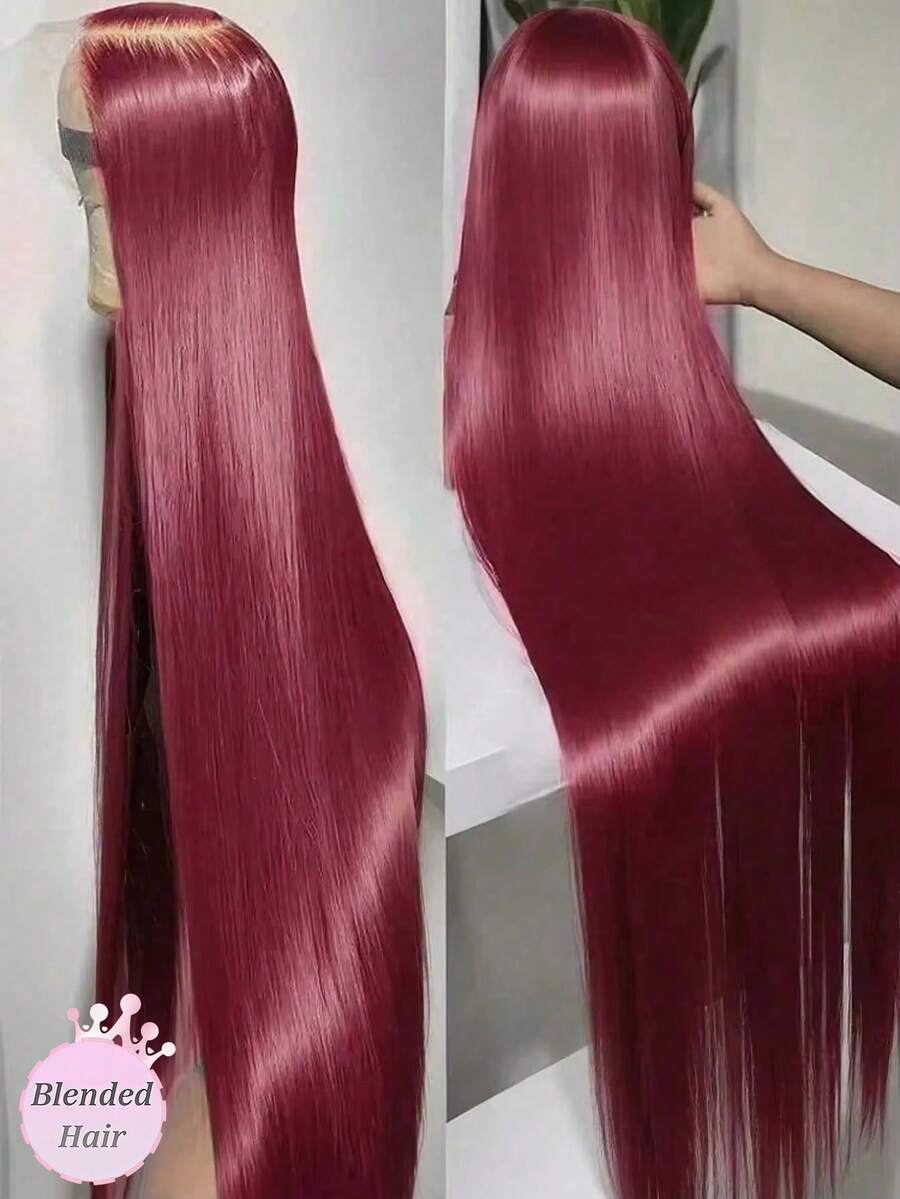 13x4 高清蕾丝前假发，真人前额发丝，200% 密度，直发，预先拔毛发际线，漂白发结，中分，自然外观，易于佩戴，混合发丝，酒红色，99j，适合女性，婚礼派对，日常佩戴，28 英寸