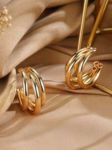 一对简约C形多层迷你耳环，几何金属质感，适合婚礼、晚宴、节日、送礼和日常佩戴 - 金色 - 查看 2