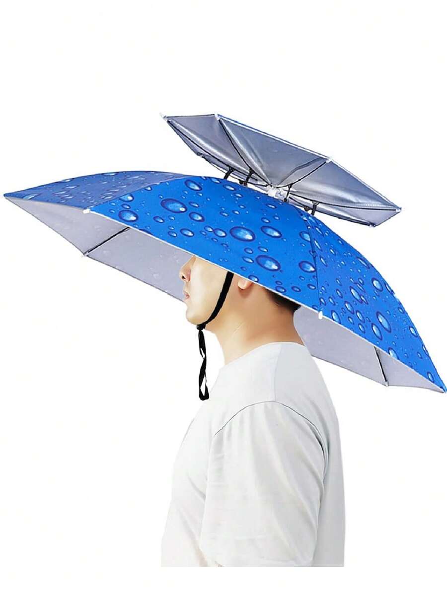 Wearable Umbrella Hat For Adults, Handsfree Rain/Sun Folding Head Umbrella For Daily Life And Outdoor Activities - Blue - View 1