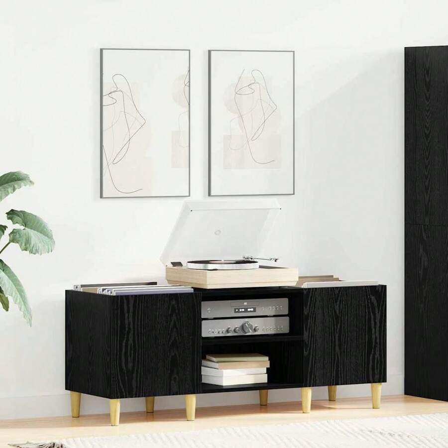 Record Cabinet, Black Oak Look, 121 X 38 X 48 Cm, Living Room, Modern Vinyl Record Cabinet, Plenty Of Space For Records, Audio Furniture, For Music Collectors - 黑色 - 查看 1