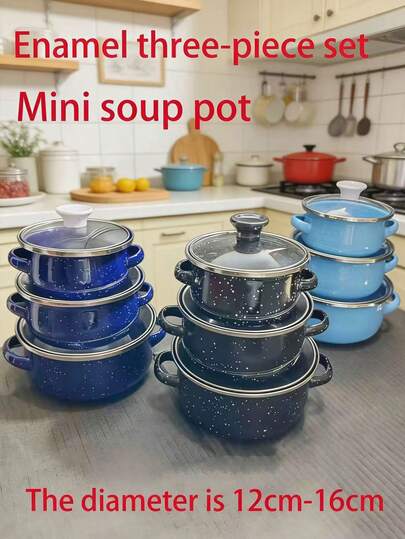 Juego de 3 ollas esmaltadas multicolor, olla de sopa esmaltada de 12-16 cm, olla pequeña mini para gachas, leche, guiso, apta para placa de inducción y cocina de gas