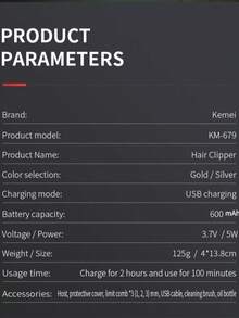 Kemei 1 máy cắt tóc mini cầm tay KM-679, máy tỉa tóc điện sạc USB Type-C dành cho nam giới, máy cạo râu/tóc không dây, lưỡi dao hình chữ R, thích hợp sử dụng tại nhà và salon. - Nhiều màu - Xem 11