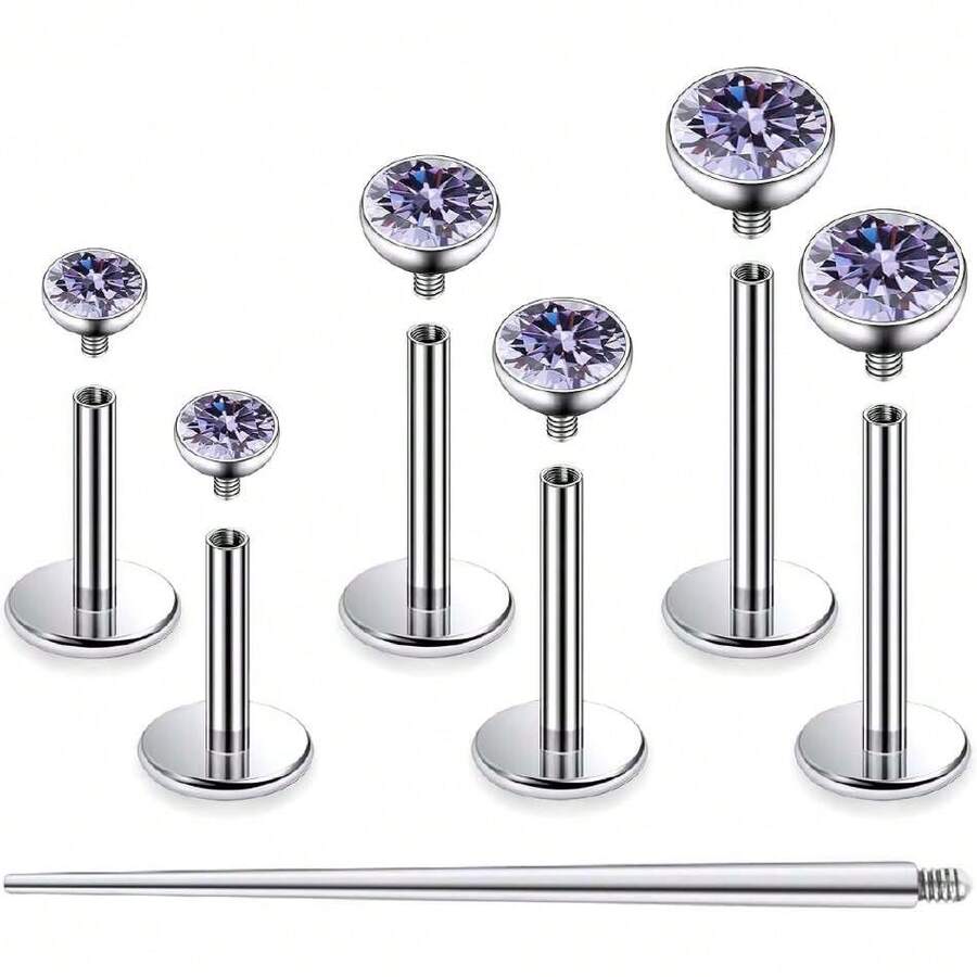 F136 Titanium 20/18/16G Internally Threaded Flat Back Stud Earrings Nose Rings Lip Medusa Monroe Labret 6/8/10 Short/Long Bar Piercing Jewelry With Taper For Women Men,44365142 - 紫色 - 查看 1