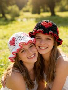 1顶男女通用手工编织爱心图案毛线帽，可爱奶奶格子渔夫帽，秋冬季保暖波浪荷叶边渔夫帽 - 彩色 - 查看 9