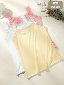 3pcs/Set Plus Size Women Lace Trim Decor Round Neck Sleeveless Camisole Patchwork Vest Tank Top - Multicolor - View 3