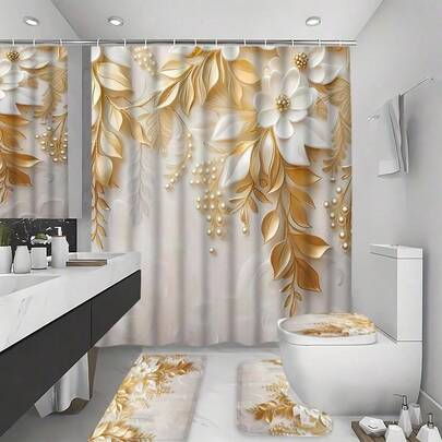 1/4pcs Floral Decorative Pattern Digital Printed Waterproof Shower Curtain, Toilet Seat Cover & Bath Mat Set - Made Of Polyester Fabric - Suitable For Modern Bathroom Decor - Fits All Bathroom Sizes - Perfect Housewarming & New Home Gift, Bathroom Curtain Shower Set, Bathroom Decor, Home Decor